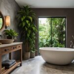 timeless bathroom design featuring wood shelves, potted plants and a stone sink