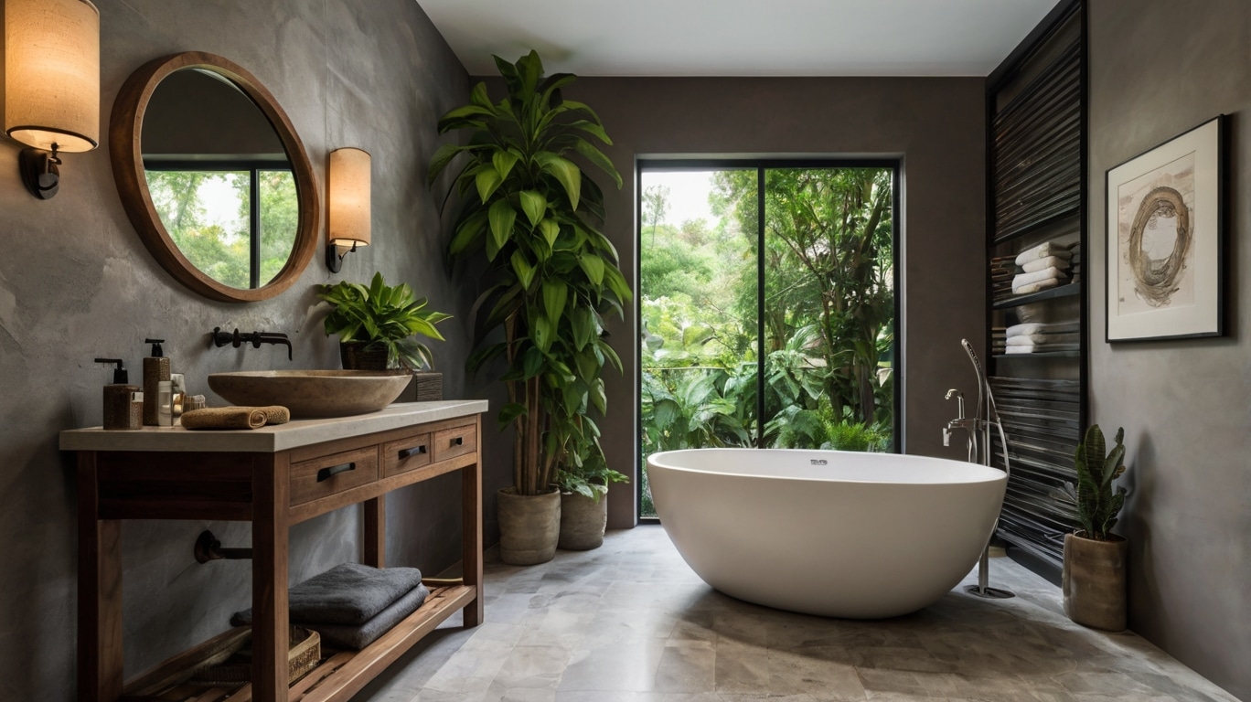 timeless bathroom design featuring wood shelves, potted plants and a stone sink