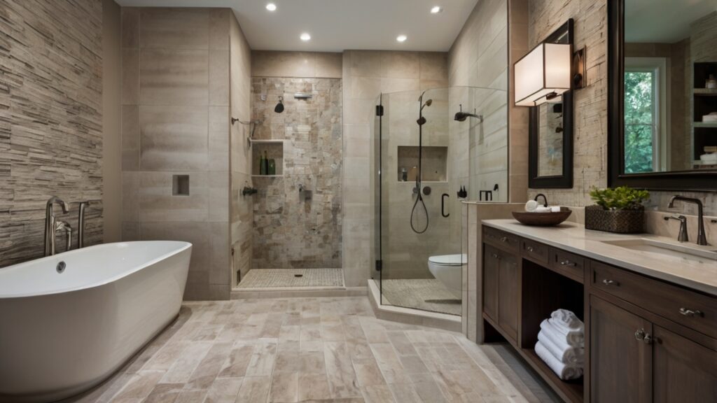 timeless bathroom design in a neutral palette featuring a textured ceramic backsplash
