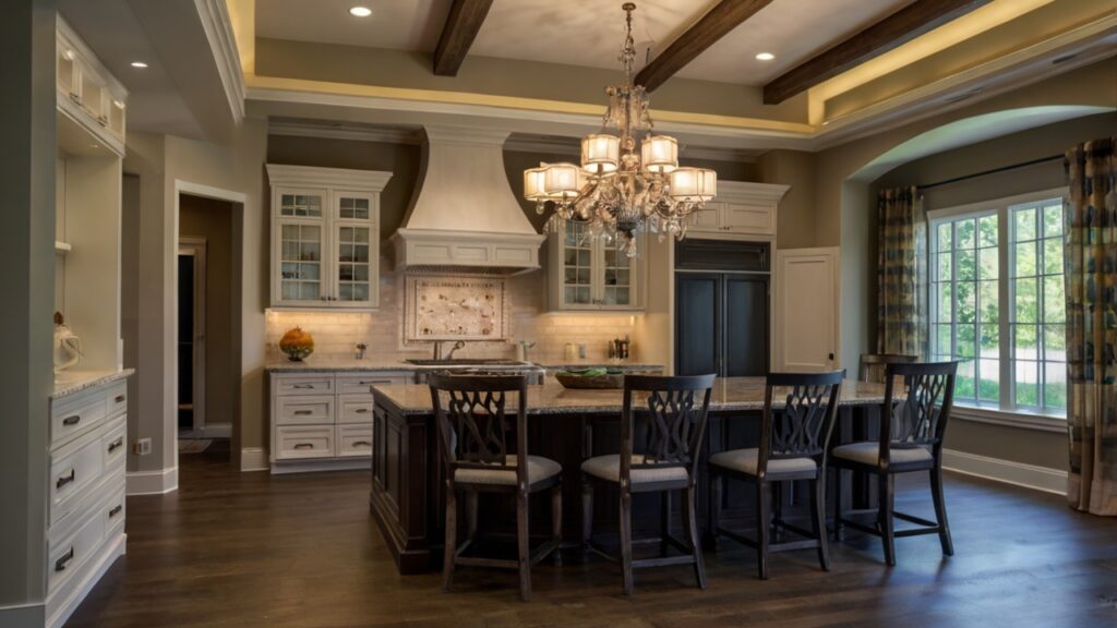 traditional kitchen design featuring a statement chandelier and under-cabinet lighting