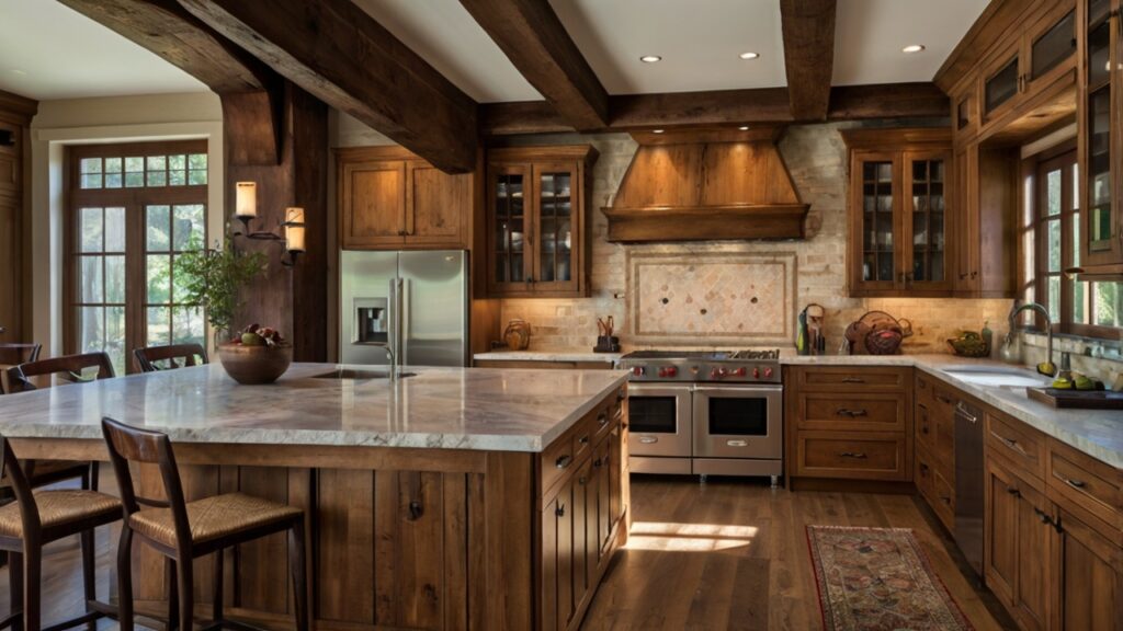 traditional kitchen design featuring hardwood cabinets and exposed wooden beams