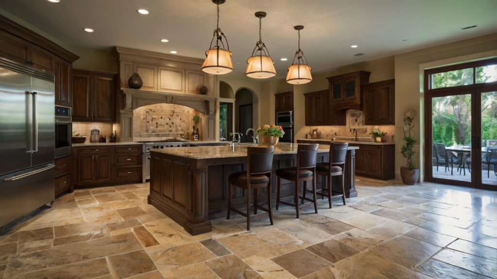 traditional kitchen design featuring stone flooring and a kitchen island