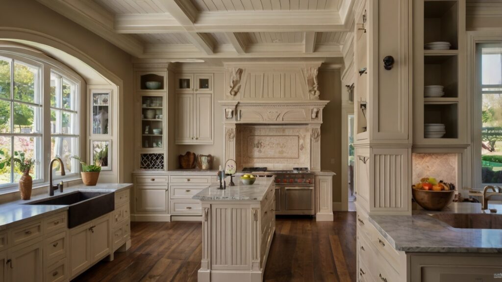 traditional kitchen design featuring decorative corbels and beadboard paneling
