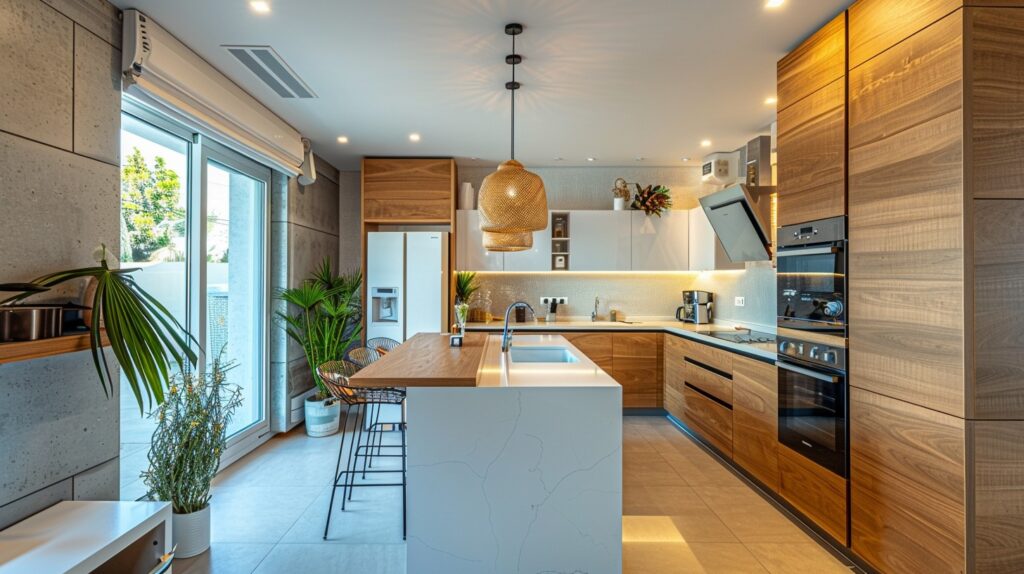 modern kitchen featuring a large kitchen island with two layers